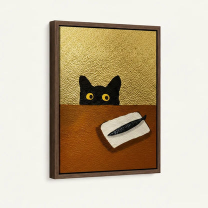 Framed canvas close-up of black cat with yellow eyes eyeing a fish on amber and gold textured background