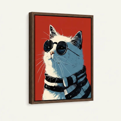 Framed canvas close-up of white cat in black sunglasses and striped turtleneck, bold red background