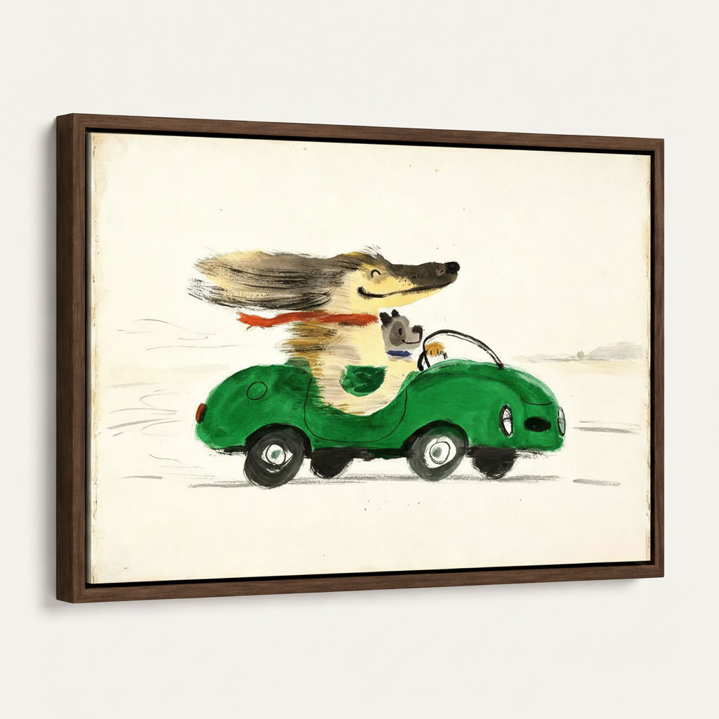 Framed retro dog driving car canvas print with dark walnut float frame at 45-degree angle on white wall