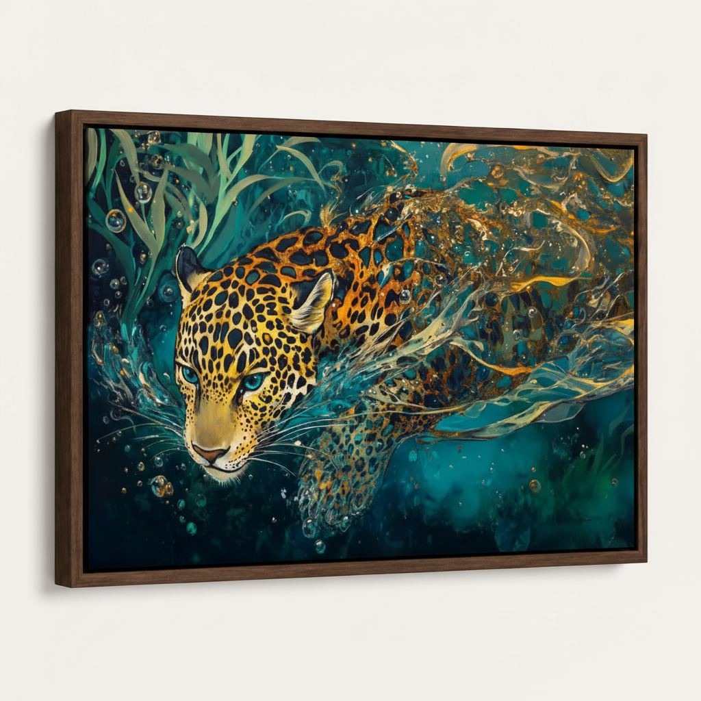 Dark walnut float framed jaguar swimming canvas art angled left view on off-white wall
