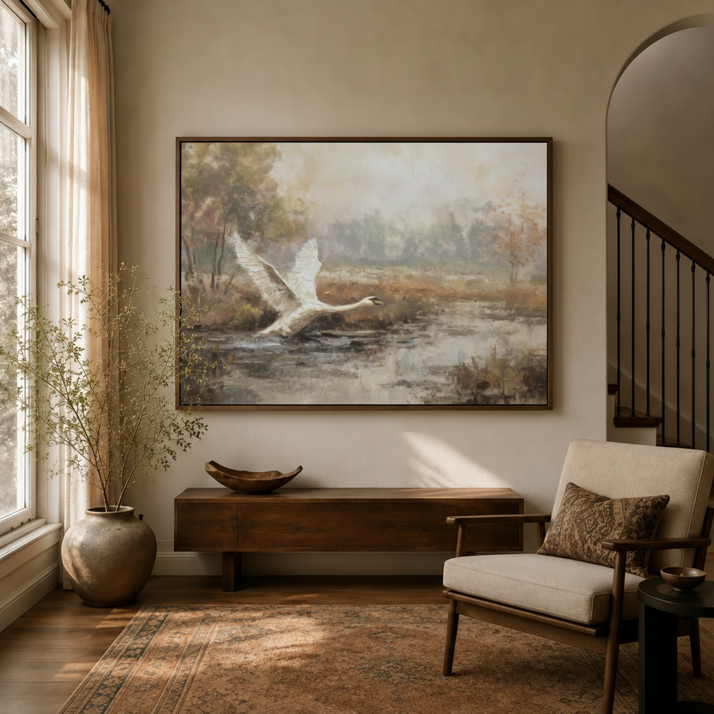 Elegant swan taking flight classical landscape canvas art hanging in warm entryway beside staircase and linen armchair
