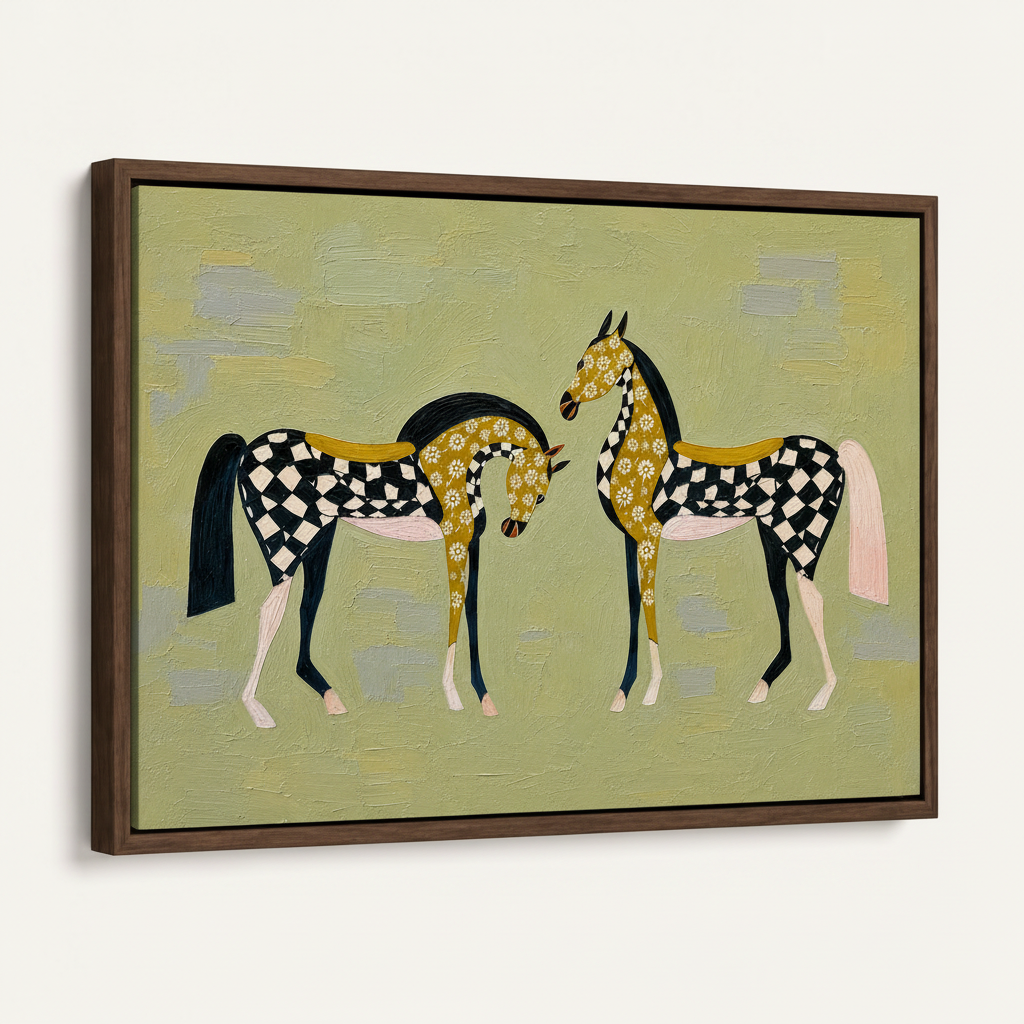 Framed canvas print of two folk art horses in checkerboard daisy pattern, dark walnut float frame