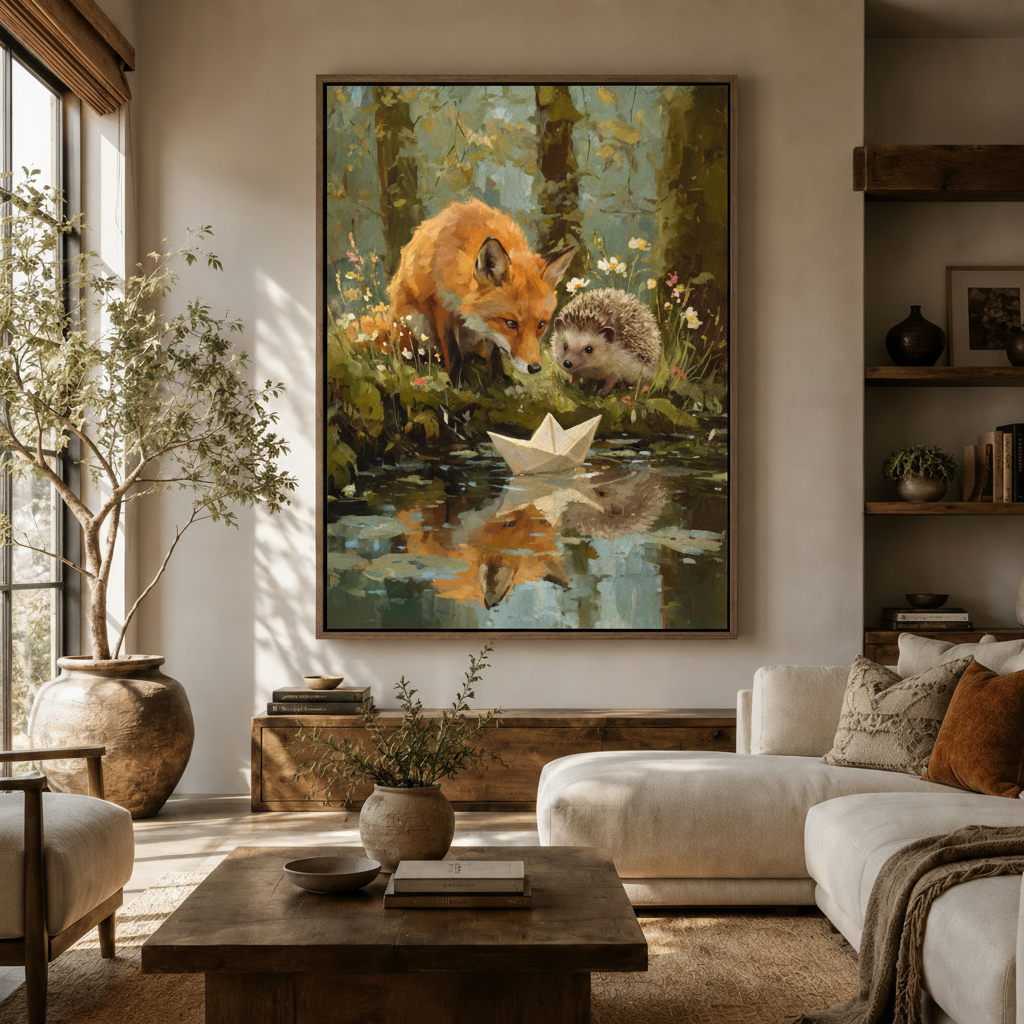 Heartwarming fox hedgehog woodland friendship canvas above sideboard in warm modern living room