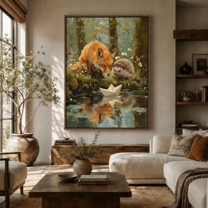 Heartwarming fox hedgehog woodland friendship canvas above sideboard in warm modern living room