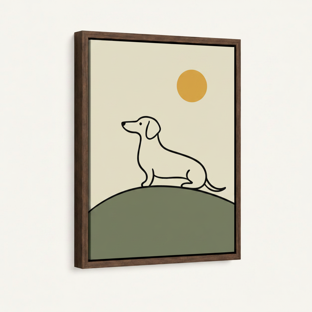 Dachshund minimalist line art in wide dark walnut float frame 3/4 angle product mockup on clean off-white background