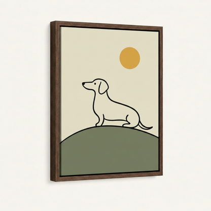 Dachshund minimalist line art in wide dark walnut float frame 3/4 angle product mockup on clean off-white background