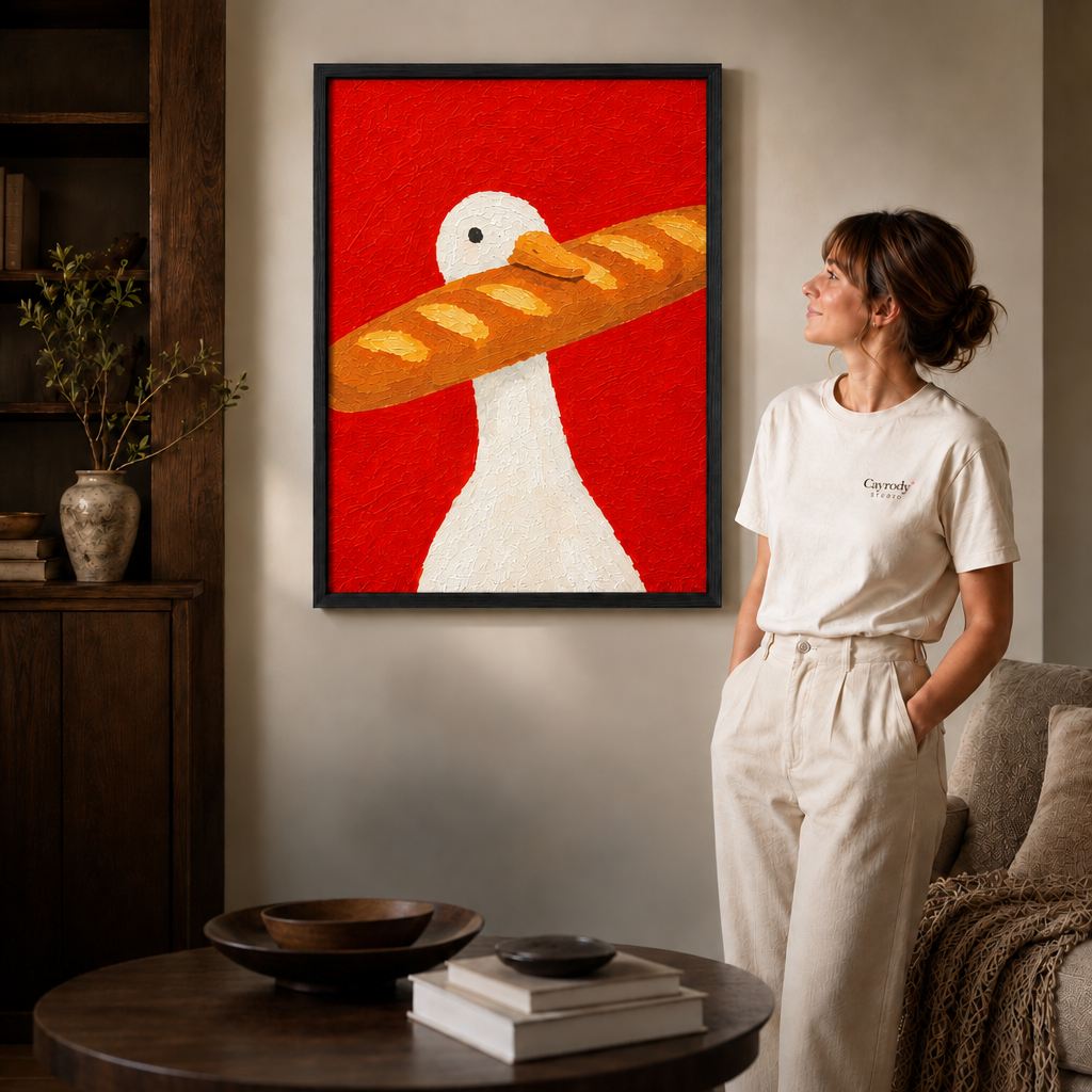 Framed duck and baguette wall art styled beside a woman in a cozy living room