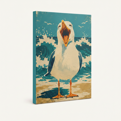 Gallery-wrapped retro seagull beach canvas print on white background, angled 3/4 side view