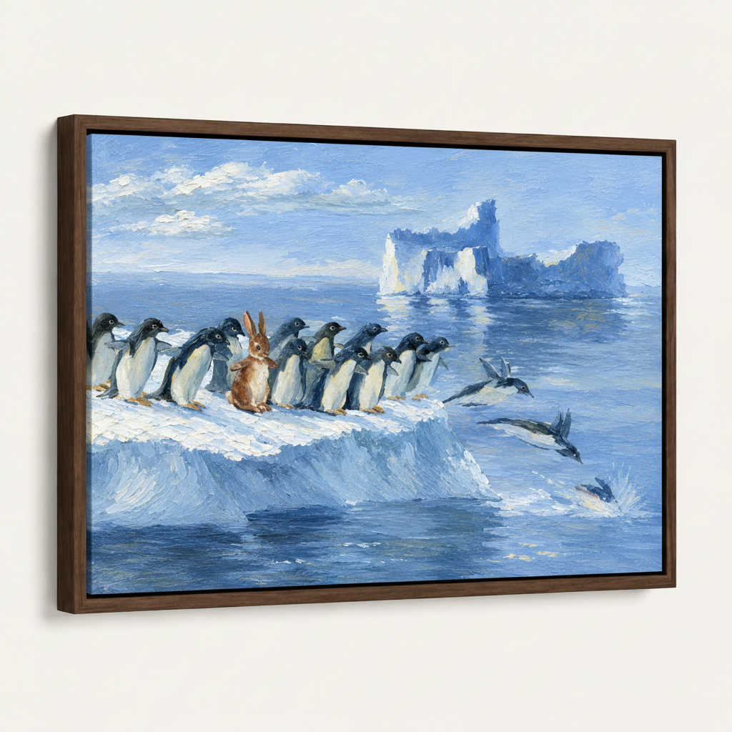 Penguins and rabbit oil painting in a dark walnut frame shown at an angle on white