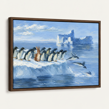 Penguins and rabbit oil painting in a dark walnut frame shown at an angle on white