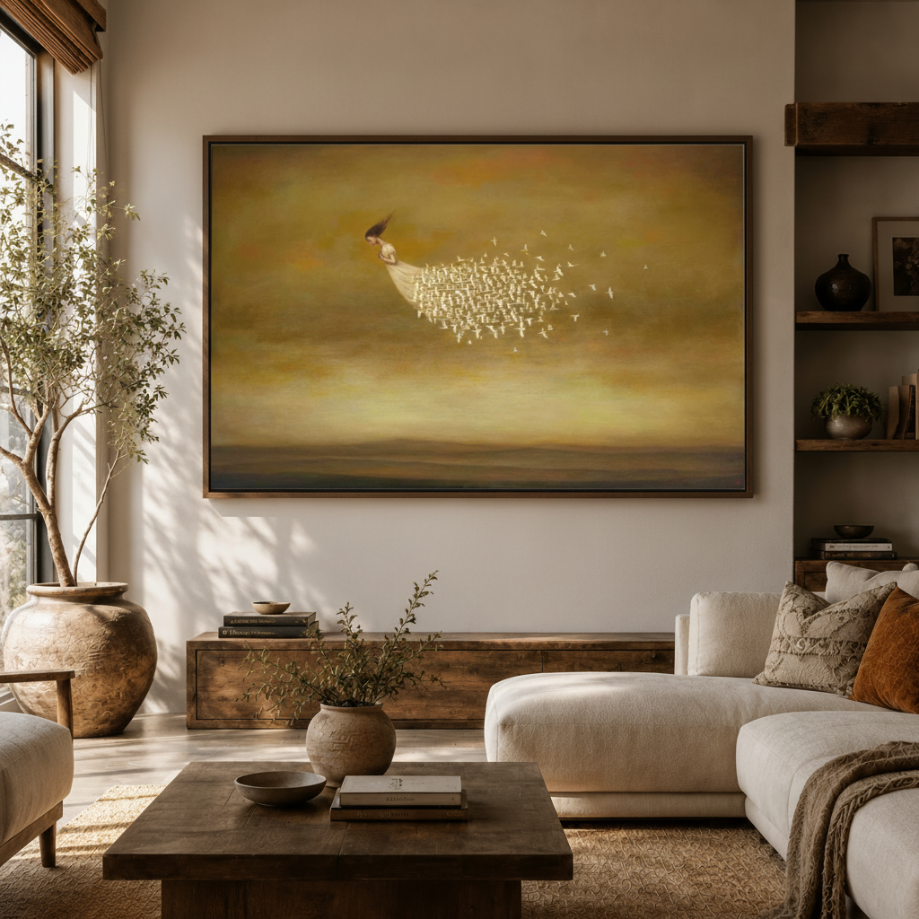 Surrealist bird flight framed canvas art in warm neutral living room setting