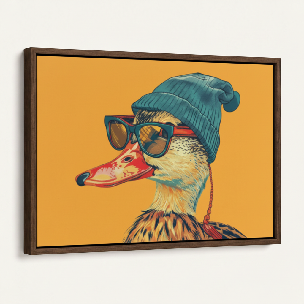 Dark walnut float frame cool duck pop art canvas angled product view on white background