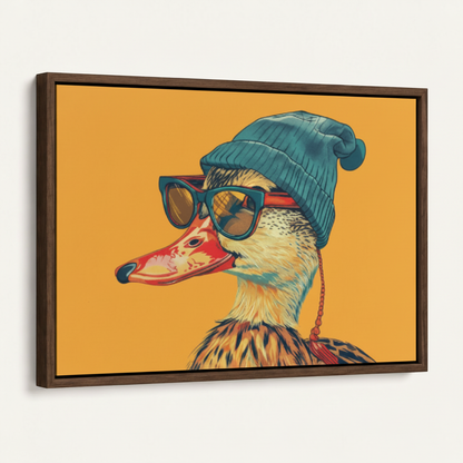 Dark walnut float frame cool duck pop art canvas angled product view on white background