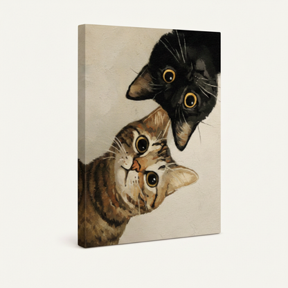 Gallery-wrapped canvas print showing two curious cats peeking with big round eyes, illustrative oil painting style