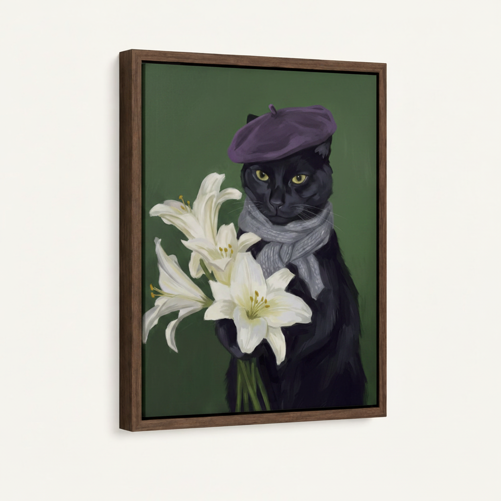 Framed canvas of a sophisticated black cat in beret with white lilies, dark walnut float frame, angled view