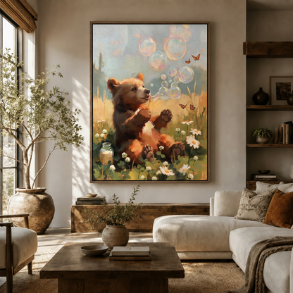 Dreamy bear cub blowing bubbles whimsical canvas above sideboard in warm modern living room