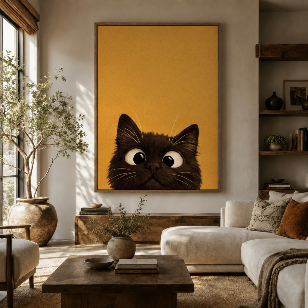 Framed black cat illustration canvas hanging in warm neutral living room above sideboard