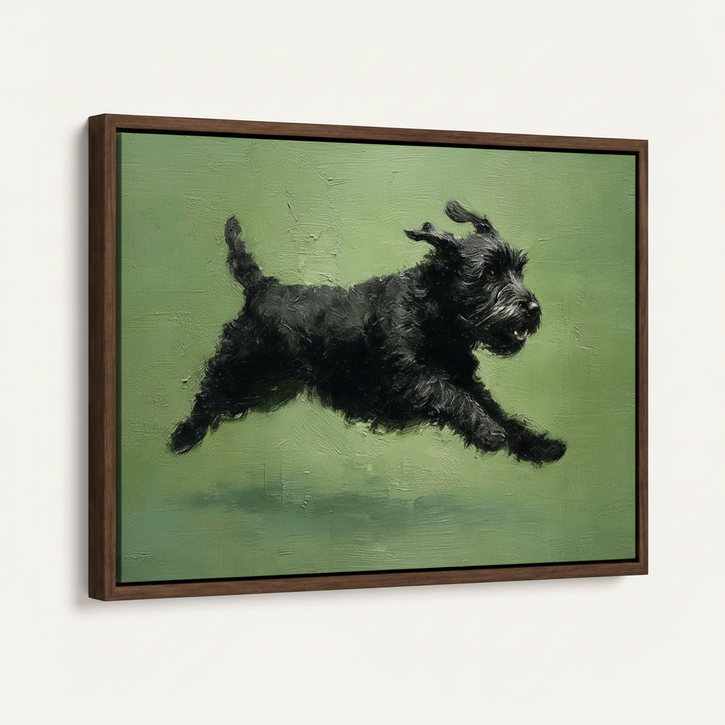 Dark walnut framed canvas closeup of black Schnauzer leaping, three-quarter side angle view