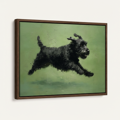 Dark walnut framed canvas closeup of black Schnauzer leaping, three-quarter side angle view