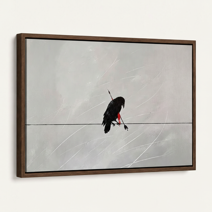 Framed minimalist raven canvas with dark walnut float frame at 45-degree angle on white wall