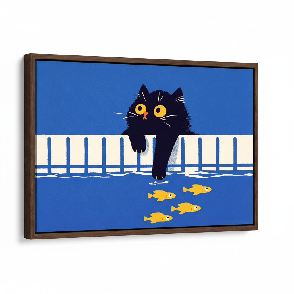 Dark walnut float-framed funny cat goldfish canvas print, angled product view on white background