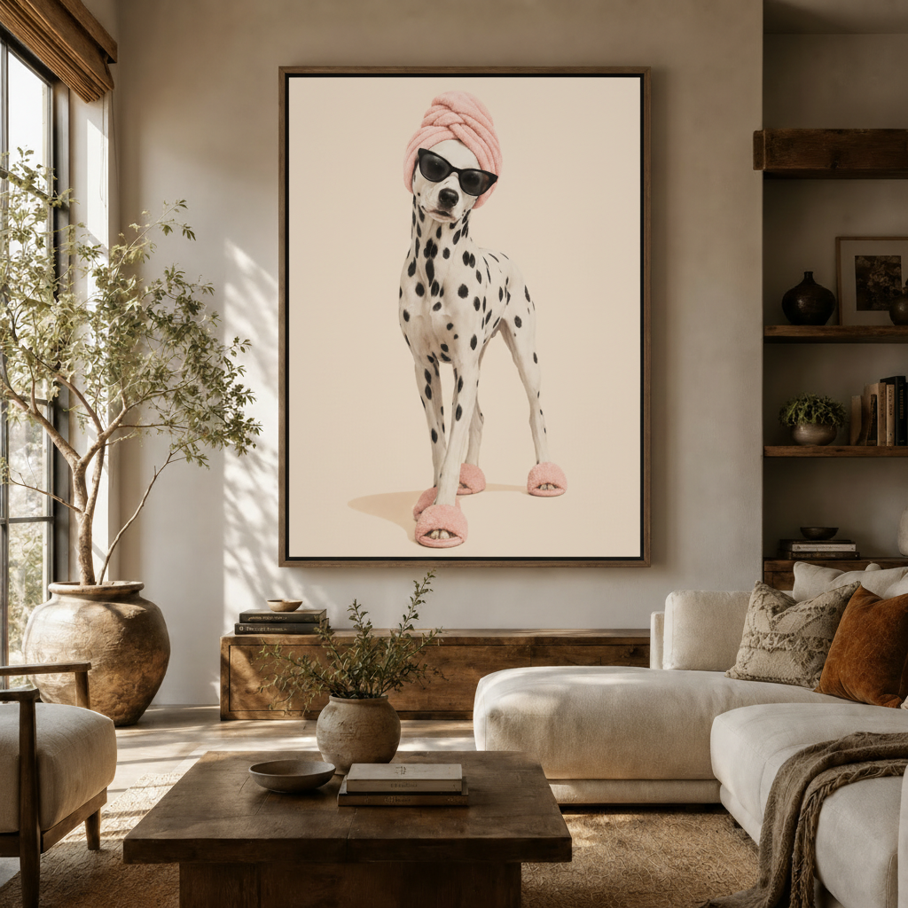 Funny glam dog canvas in dark frame hung in warm Japandi-style living room