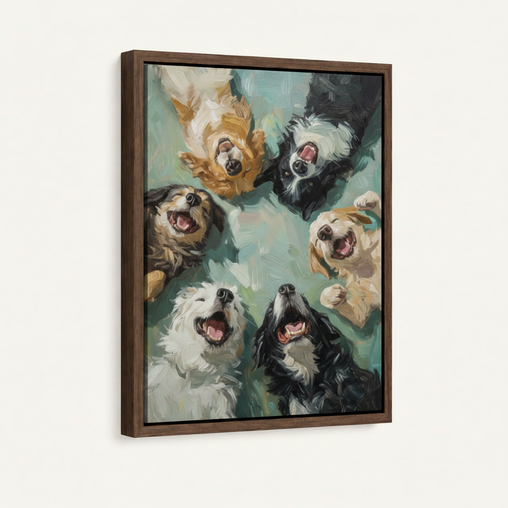 Framed happy dogs canvas art print five dogs looking up teal background white background