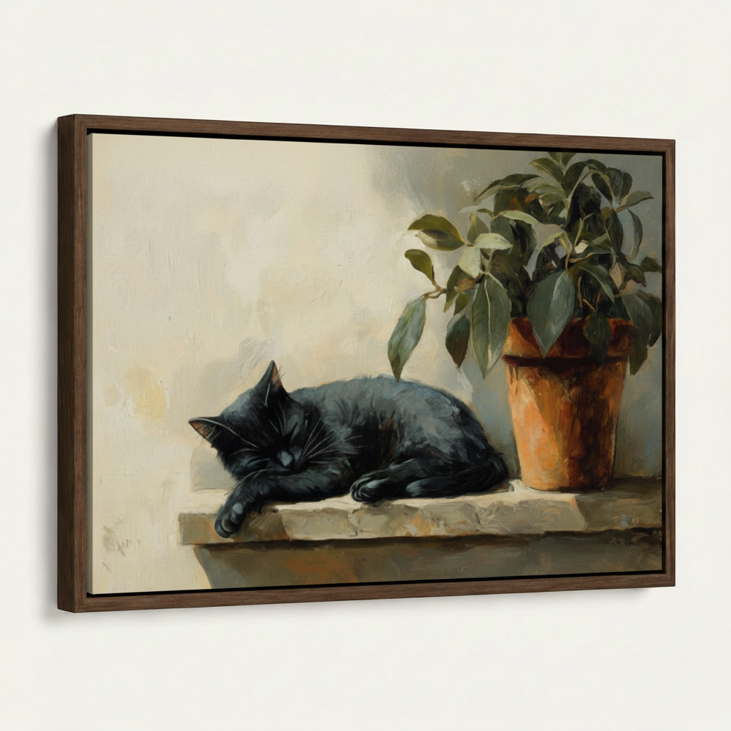 Framed sleeping black cat canvas shown at an angle on off-white background