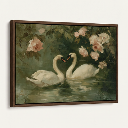 Romantic swans rose garden canvas print in dark walnut float frame, angled side view on white background