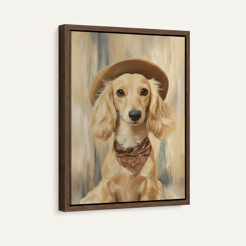 Golden dachshund cowboy hat realistic portrait canvas in wide dark walnut float frame 3/4 angle product mockup