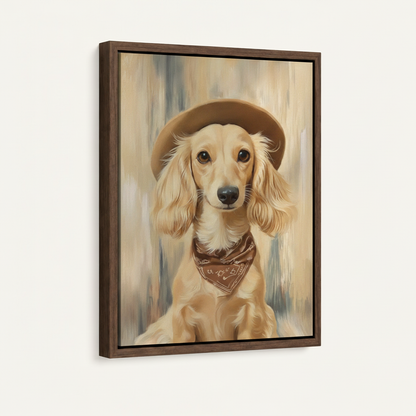 Golden dachshund cowboy hat realistic portrait canvas in wide dark walnut float frame 3/4 angle product mockup