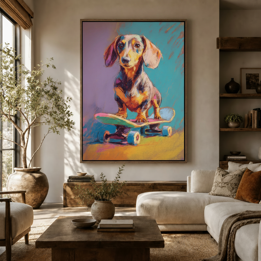 Vibrant pop art dachshund canvas above sideboard in warm modern living room
