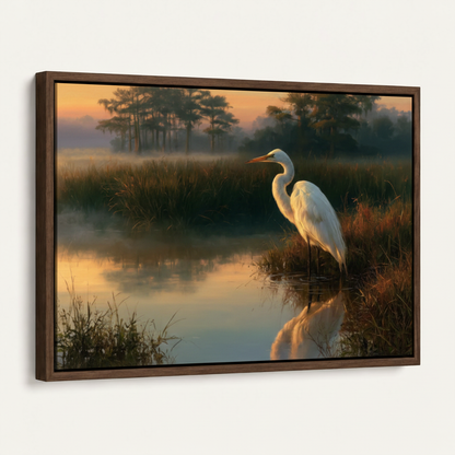Dark walnut floating frame canvas with egret wetland painting, angled studio product view