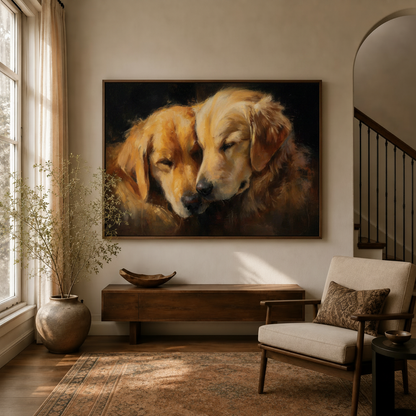 Classical two golden retrievers canvas art hanging in warm entryway with arched doorway decor