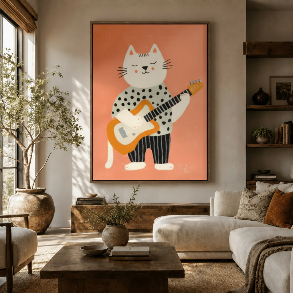 Fun white cat guitar canvas in walnut frame above rustic sideboard in warm cozy living room