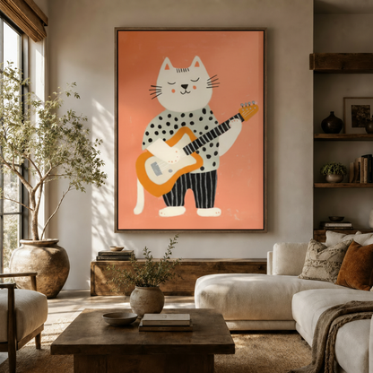 Fun white cat guitar canvas in walnut frame above rustic sideboard in warm cozy living room