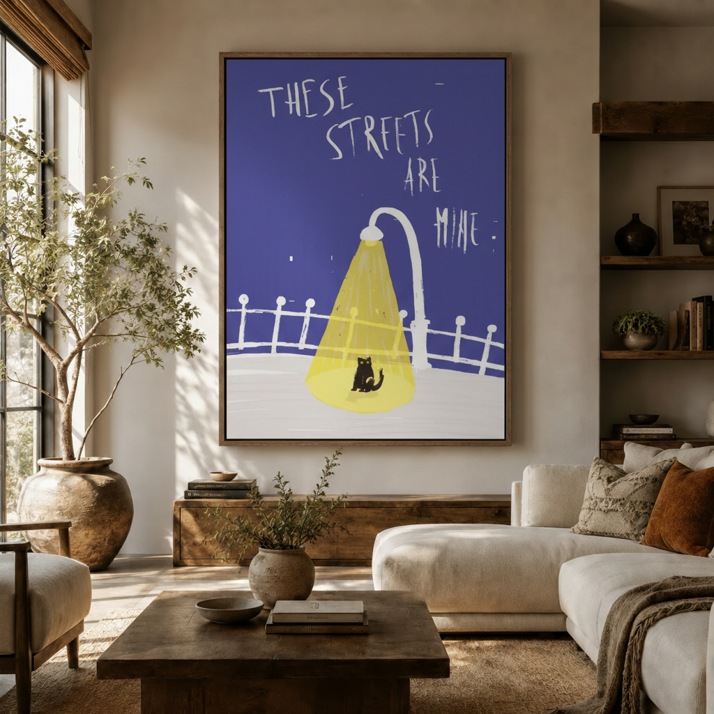 Urban black cat street lamp pop art canvas in walnut frame above rustic sideboard in warm modern living room