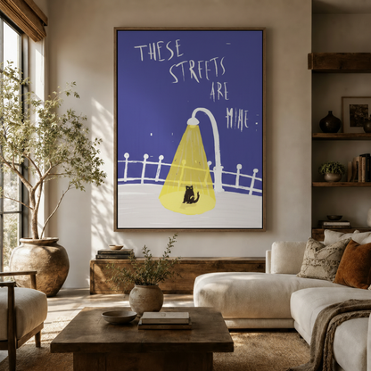 Urban black cat street lamp pop art canvas in walnut frame above rustic sideboard in warm modern living room