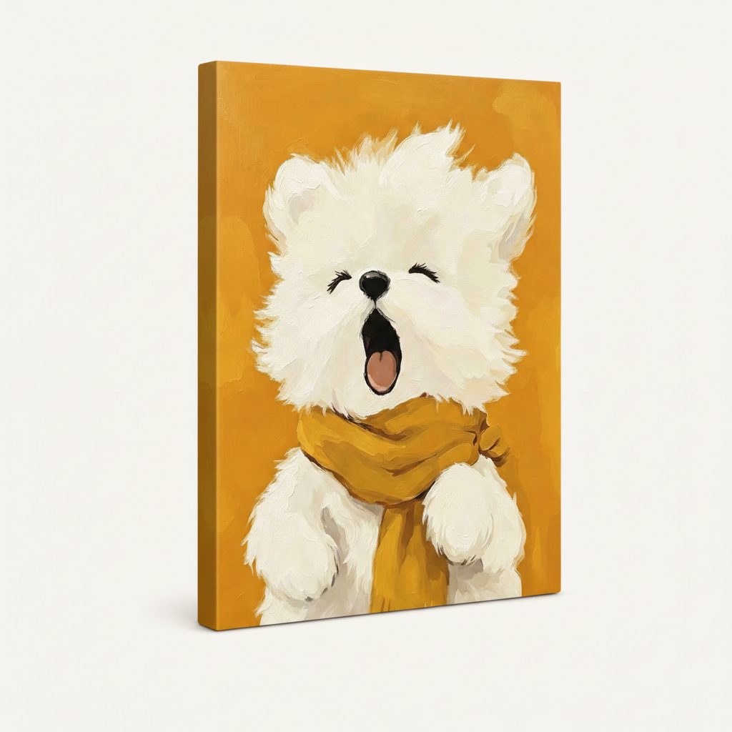 Gallery-wrapped bear canvas at angle showing impasto texture on golden yellow background