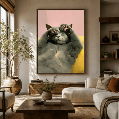  Colorful funny cat canvas art hanging in a bright modern living room above wooden sideboard