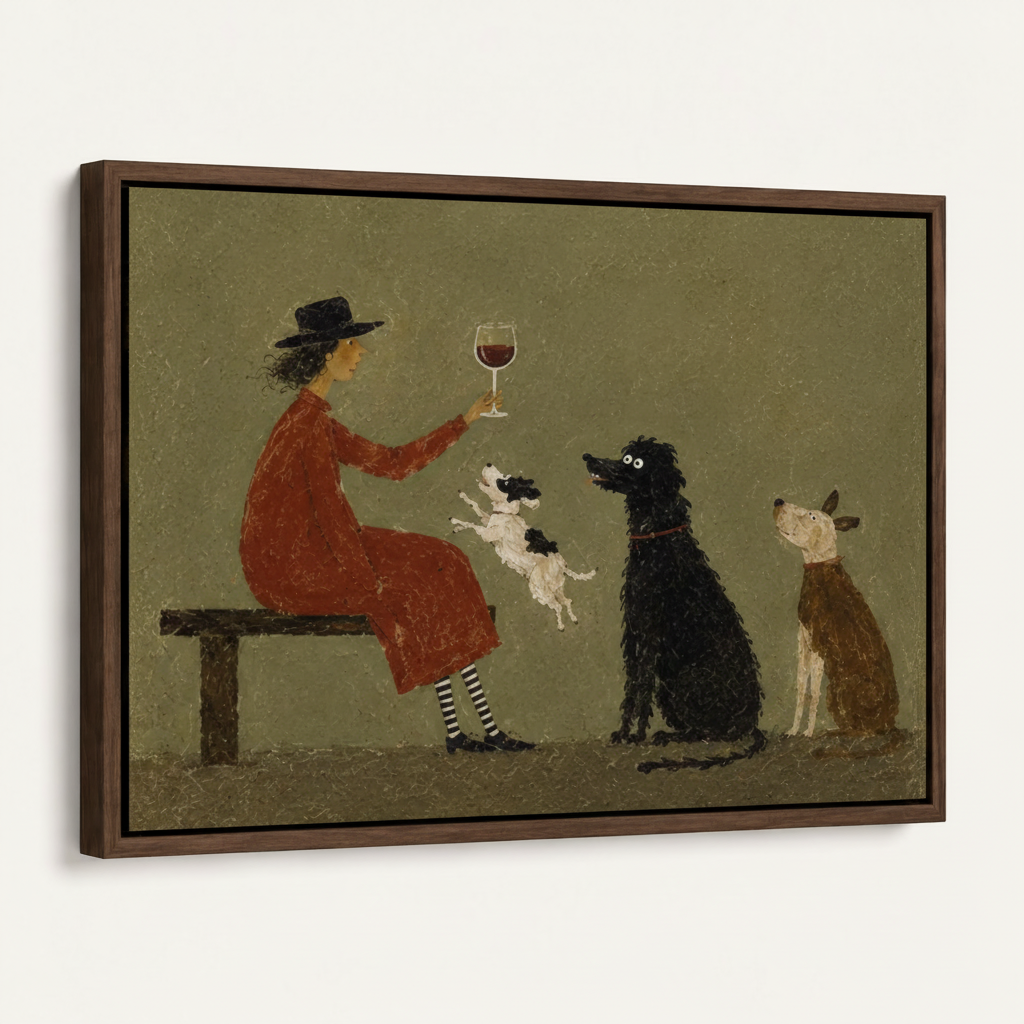 Dark walnut float frame folk art canvas angled side view on white background