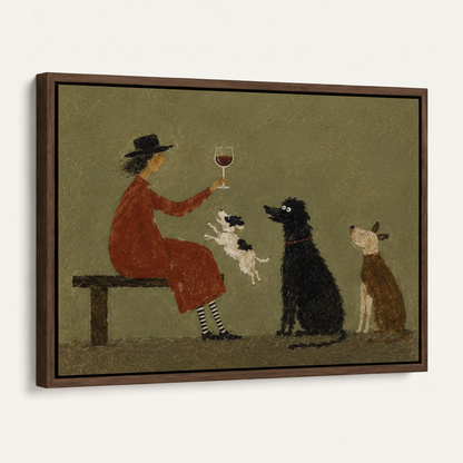 Dark walnut float frame folk art canvas angled side view on white background