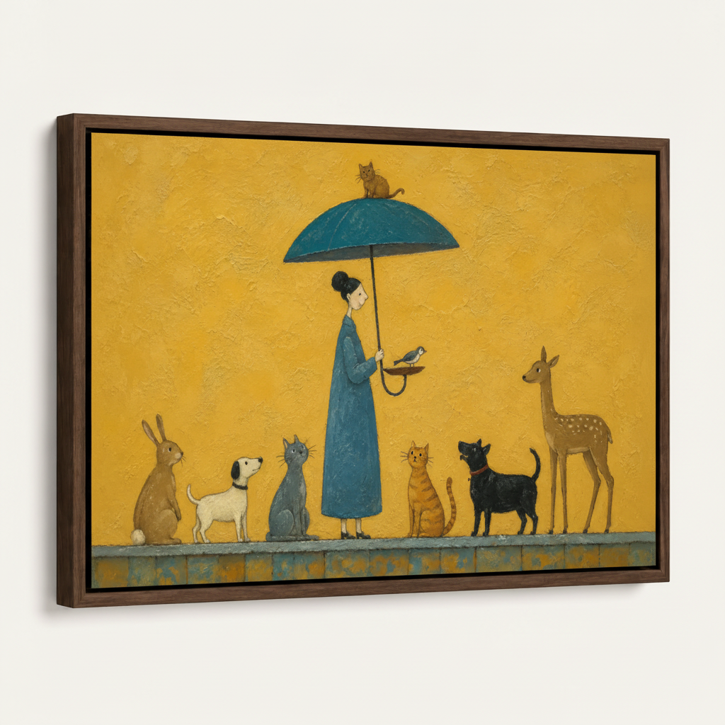 Close-up of a framed folk art canvas print with a dark walnut float frame on a white background.