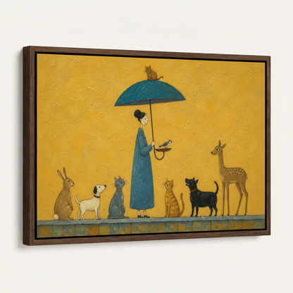 Close-up of a framed folk art canvas print with a dark walnut float frame on a white background.