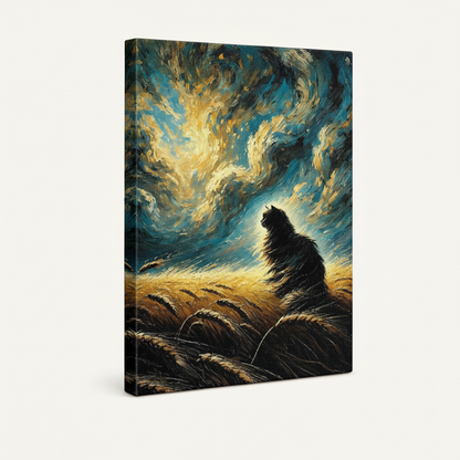Gallery-wrapped canvas side view showing deep dark edges with Van Gogh black cat impressionist painting