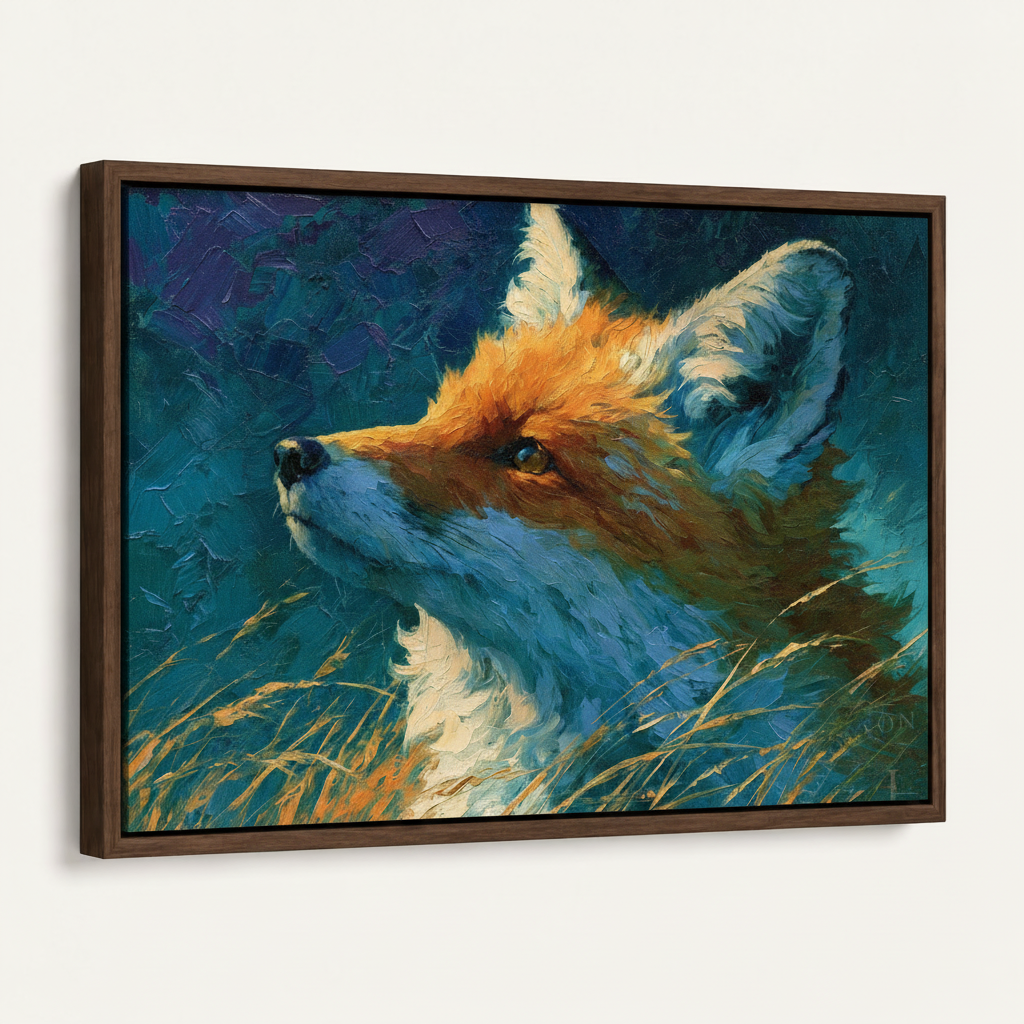 Red fox impasto canvas art in dark walnut float frame, angled product view on white background
