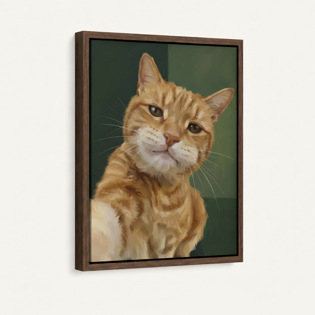 Framed selfie cat portrait canvas shown at an angle on white background, dark walnut float frame