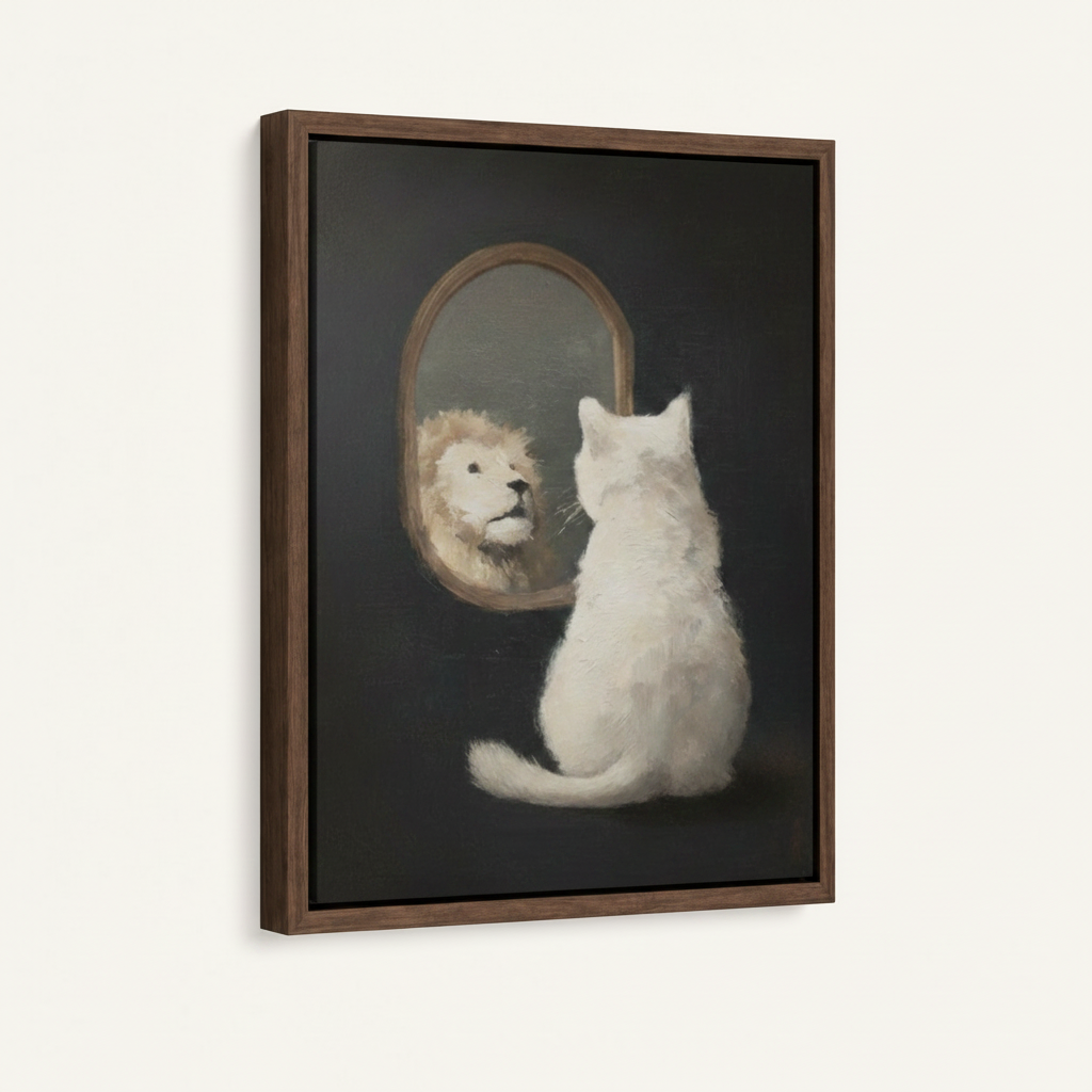 White cat sees lion in mirror framed canvas art, dark walnut floater frame, angled product view