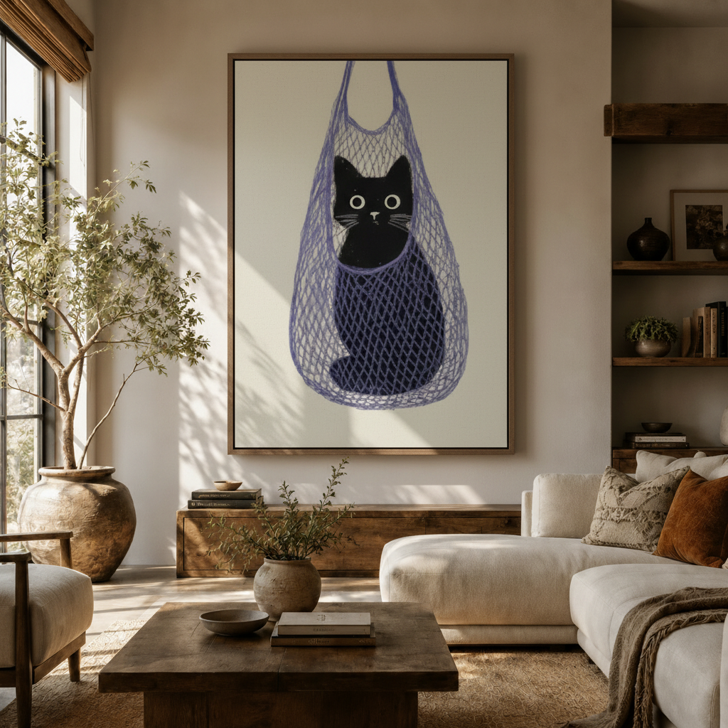 Minimalist black cat canvas wall art in net bag hanging in neutral living room above sideboard
