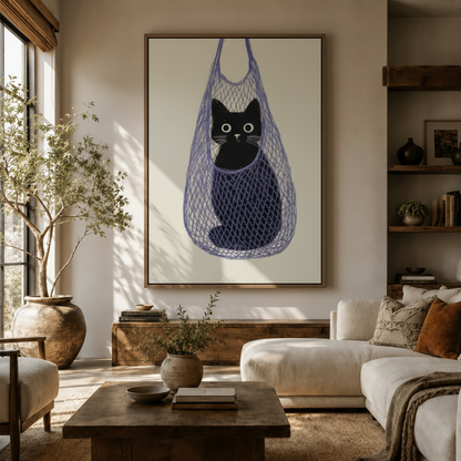 Minimalist black cat canvas wall art in net bag hanging in neutral living room above sideboard